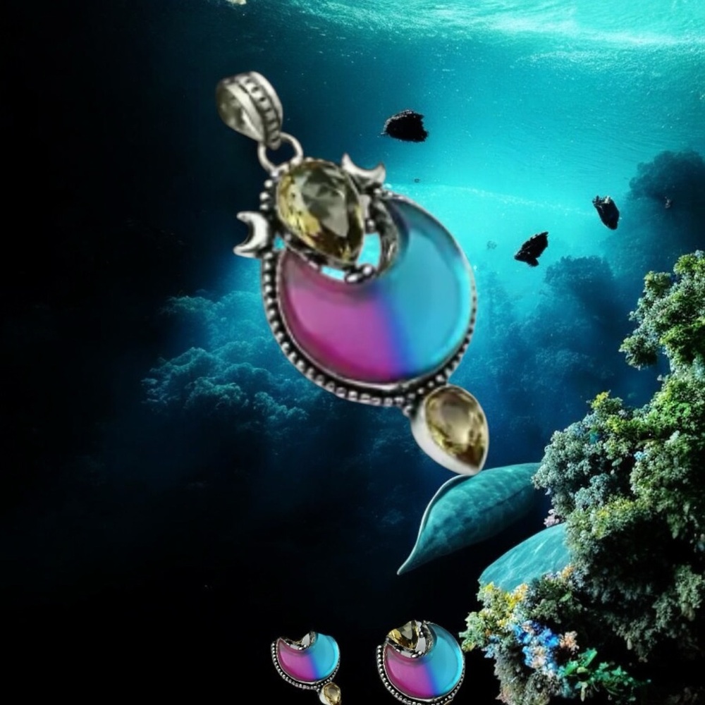 Bi Color Tourmaline and Smokey Quartz Pendant 925  Silver  Crescent Moons